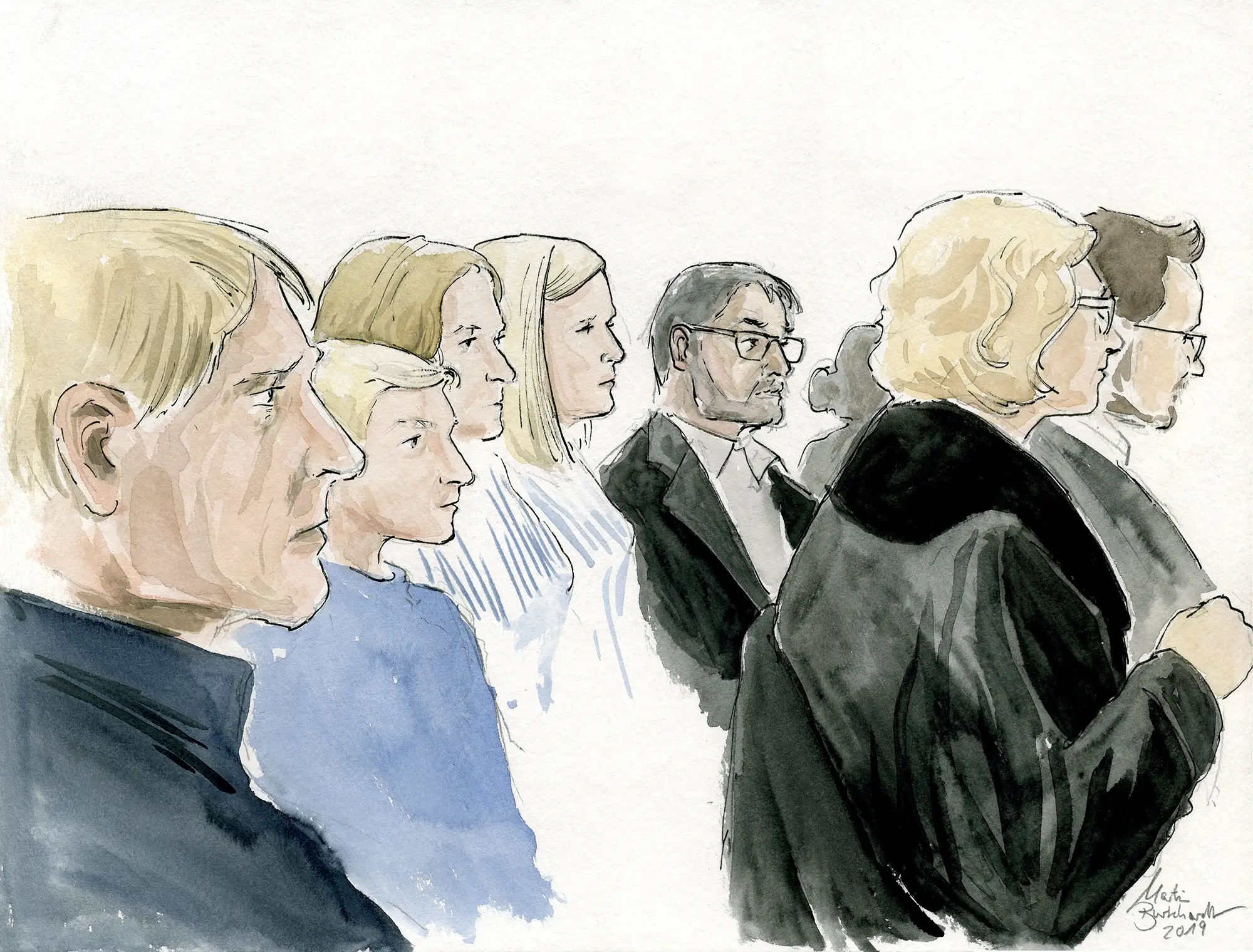Gerichtszeichnung Klima-Prozess in Berlin: Familie mit Anwälten - Gerichtszeichner Martin Burkhardt