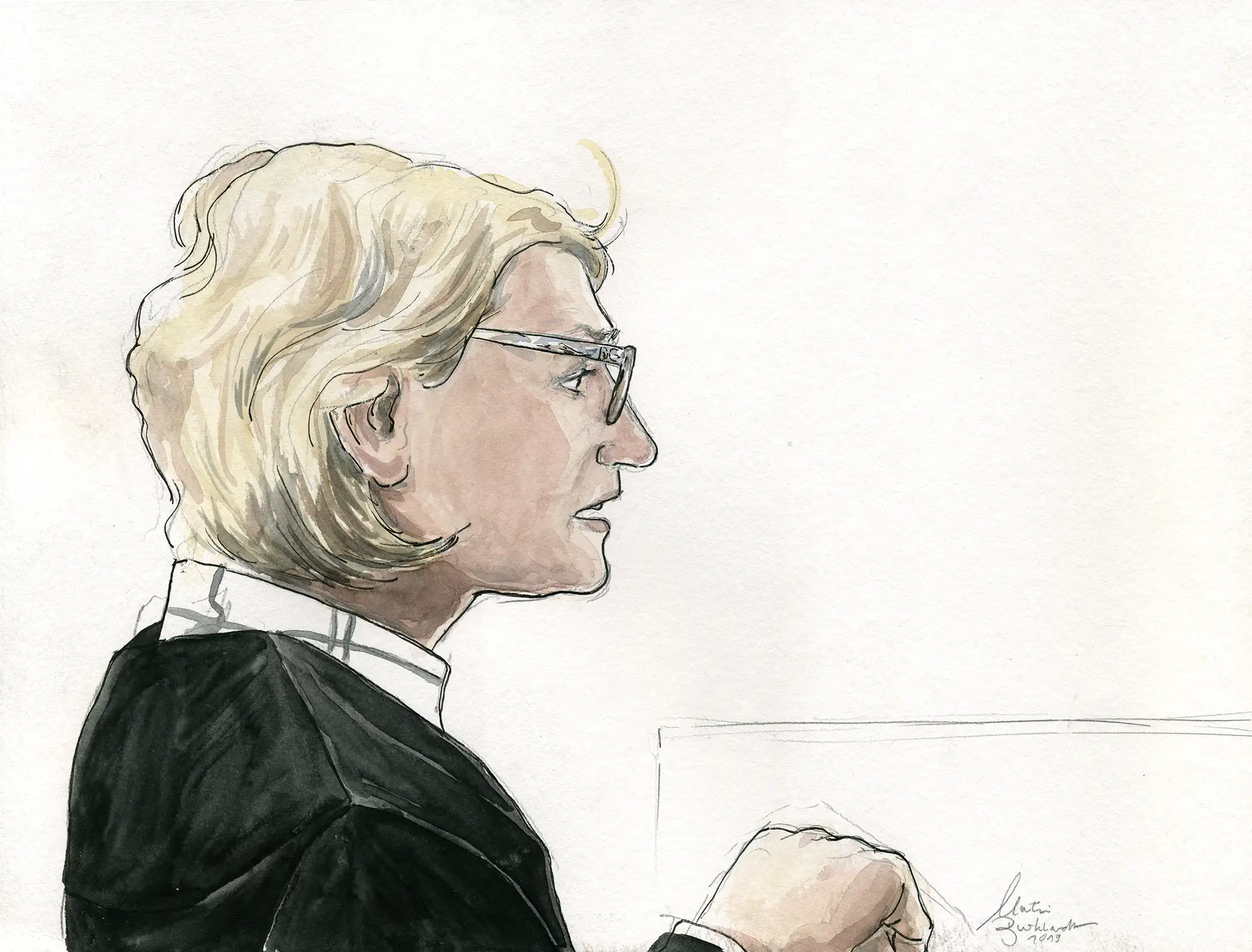 Gerichtszeichnung Klima-Prozess in Berlin: Anwältin - Gerichtszeichner Martin Burkhardt