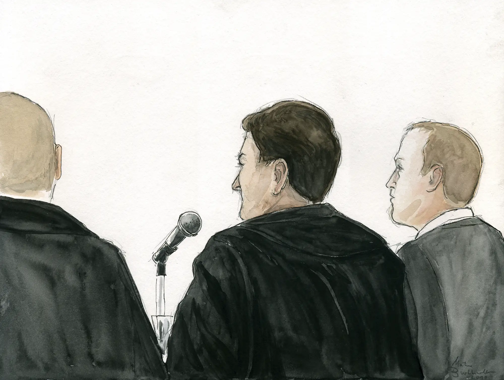 Gerichtszeichnung Klima-Prozess in Berlin: Vertreter der Bundesrepublik Deutschland - Gerichtszeichner Martin Burkhardt