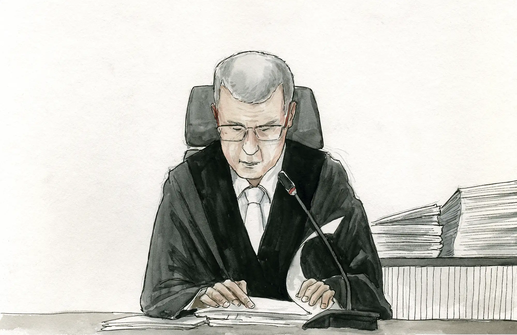 Gerichtszeichnung - Missbrauchsprozess Hans-Bunte-Areal - Richter - Gerichtszeichner Martin Burkhardt