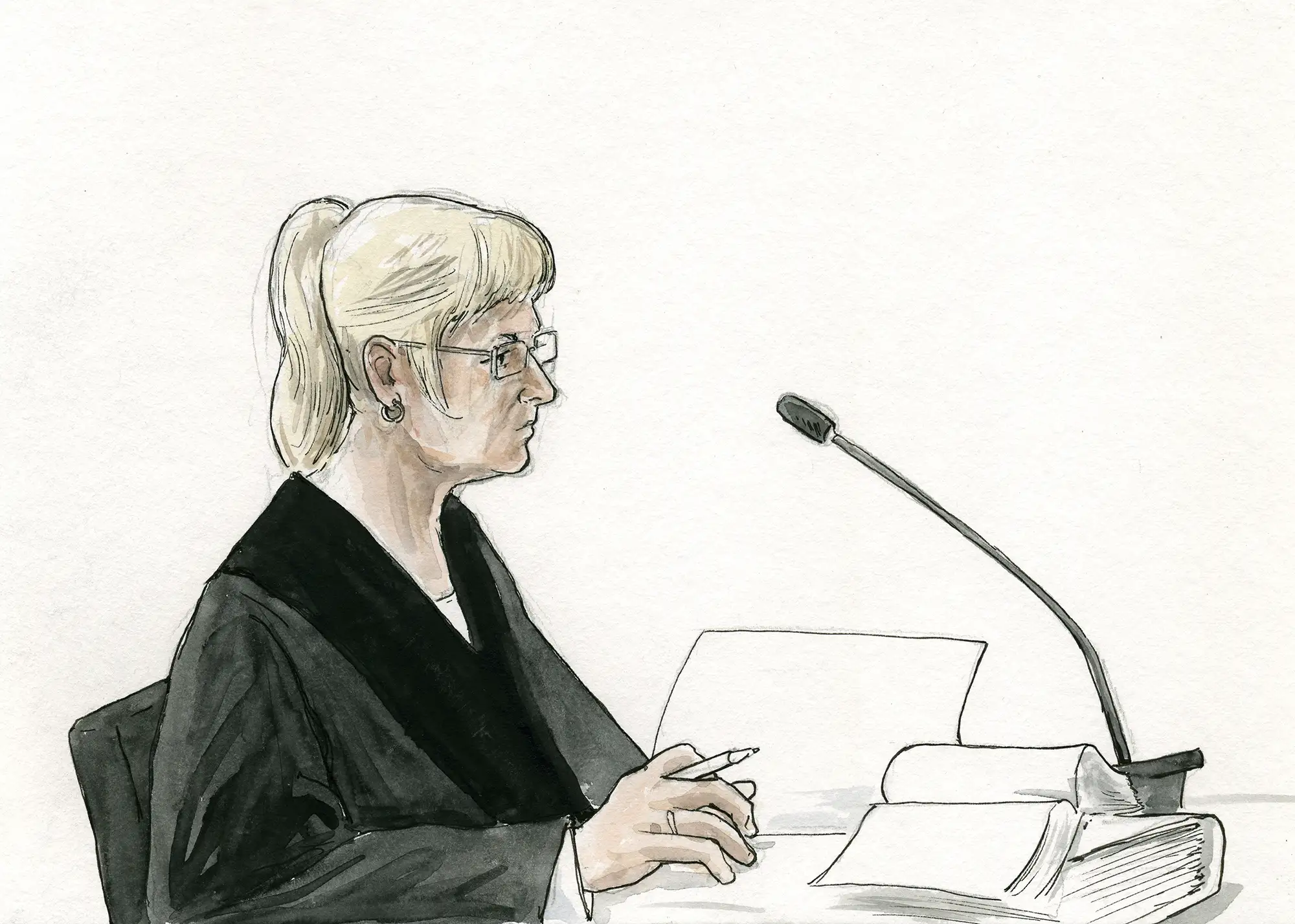 Gerichtszeichnung - Missbrauchsprozess Hans-Bunte-Areal - Anwältin - Gerichtszeichner Martin Burkhardt