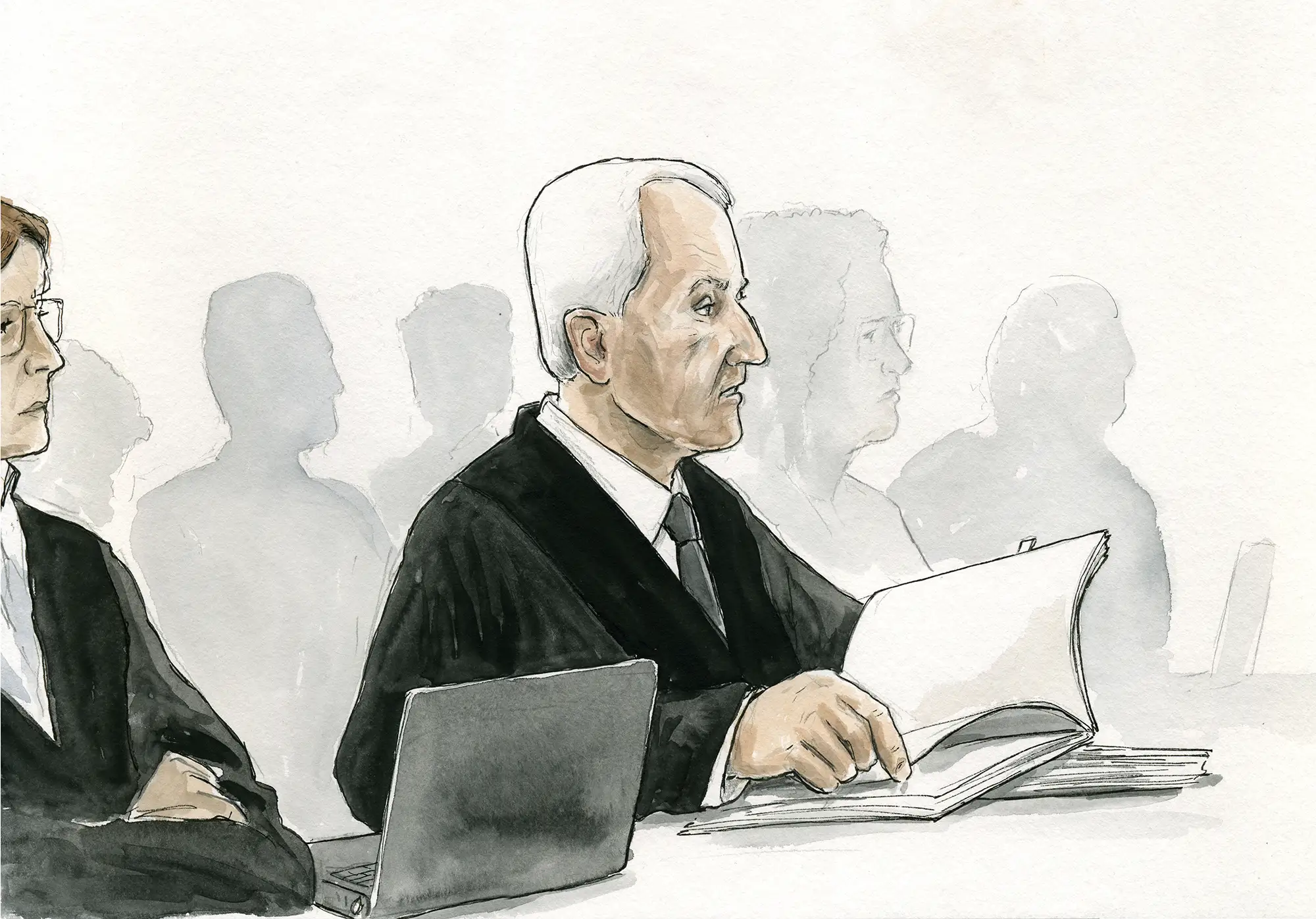 Gerichtszeichnung - Missbrauchsprozess Hans-Bunte-Areal - Anwalt - Gerichtszeichner Martin Burkhardt