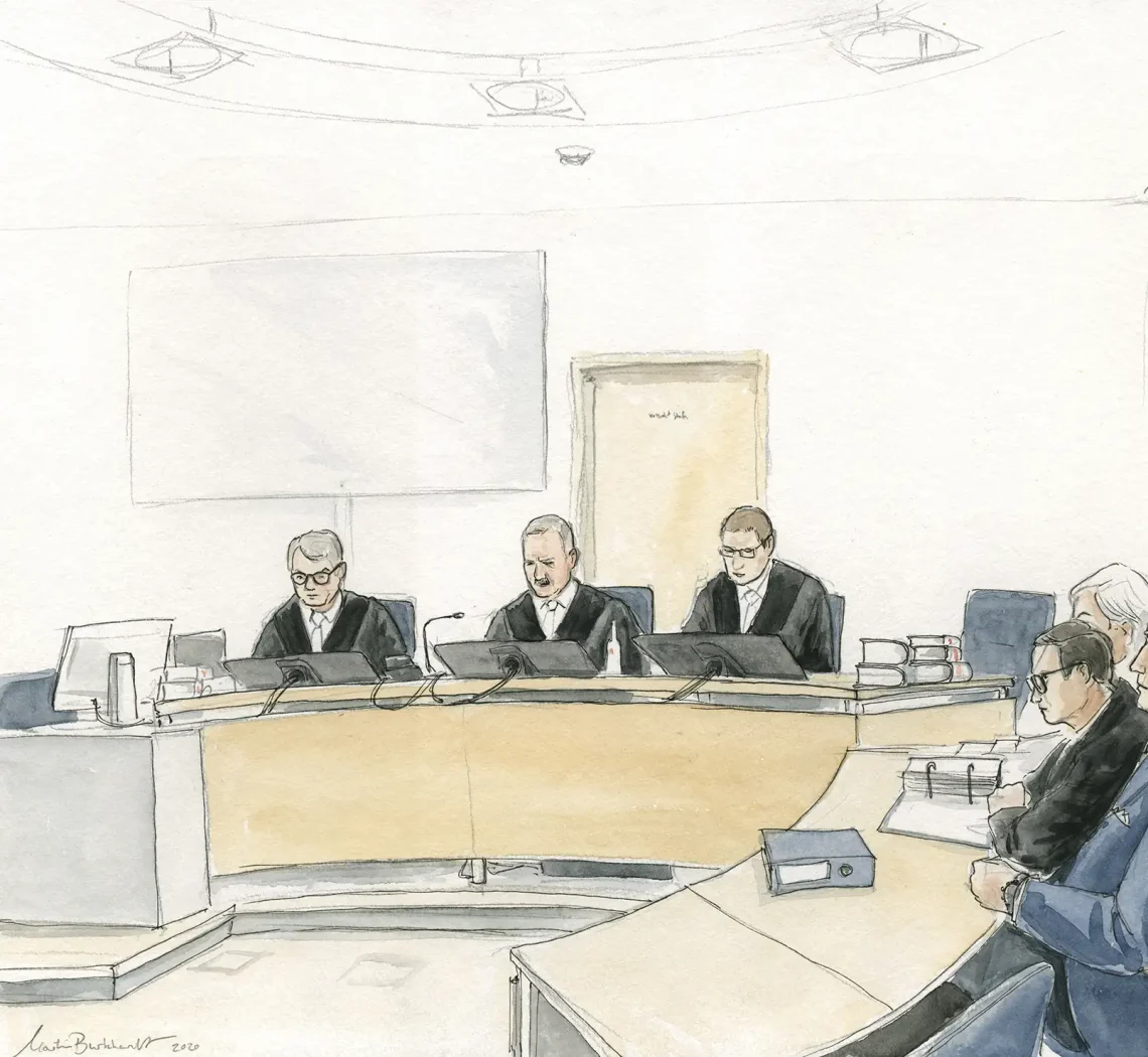 Gerichtszeichnung in Hamm - Klausner-Prozess - Richter und Anwälte - Gerichtszeichner Martin Burkhardt