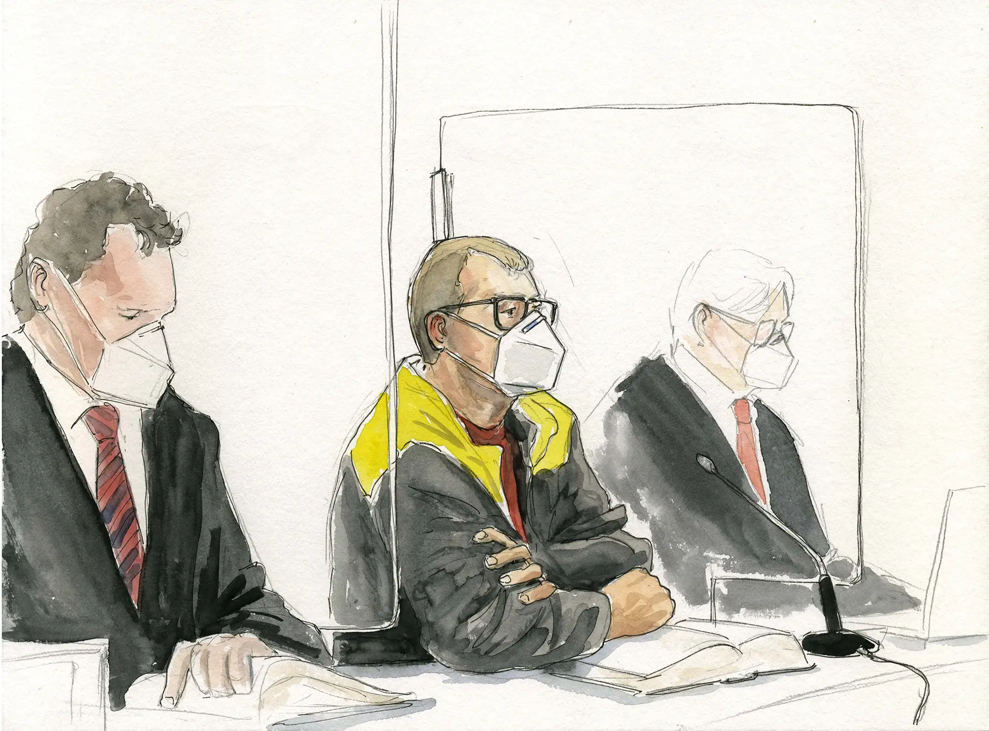Gerichtszeichnung NSU 2.0 Prozess Frankfurt Angeklagter mit Anwälten - Gerichtszeichner Martin Burkhardt