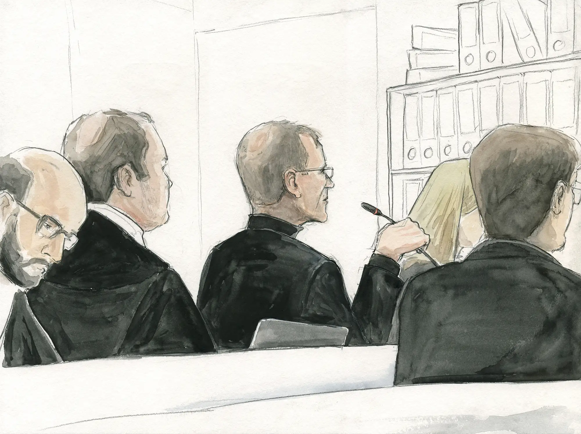 Gerichtszeichnung im Wirecardprozess - Der Spiegel - Dr. Markus Braun und Anwälte - Gerichtszeichner Martin Burkhardt