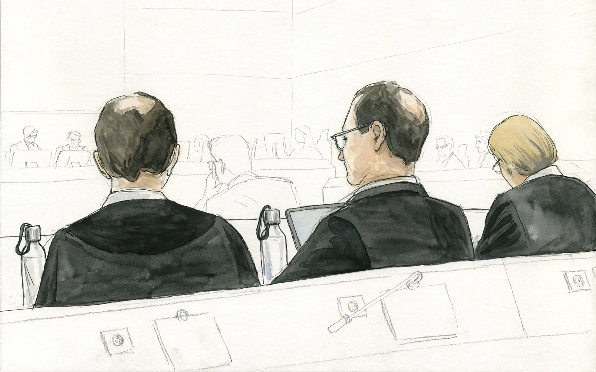 Gerichtszeichnung im Wirecardprozess - Der Spiegel - Angeklagter Freiherr von Erffa und sein Bruder als Anwalt - Gerichtszeichner Martin Burkhardt