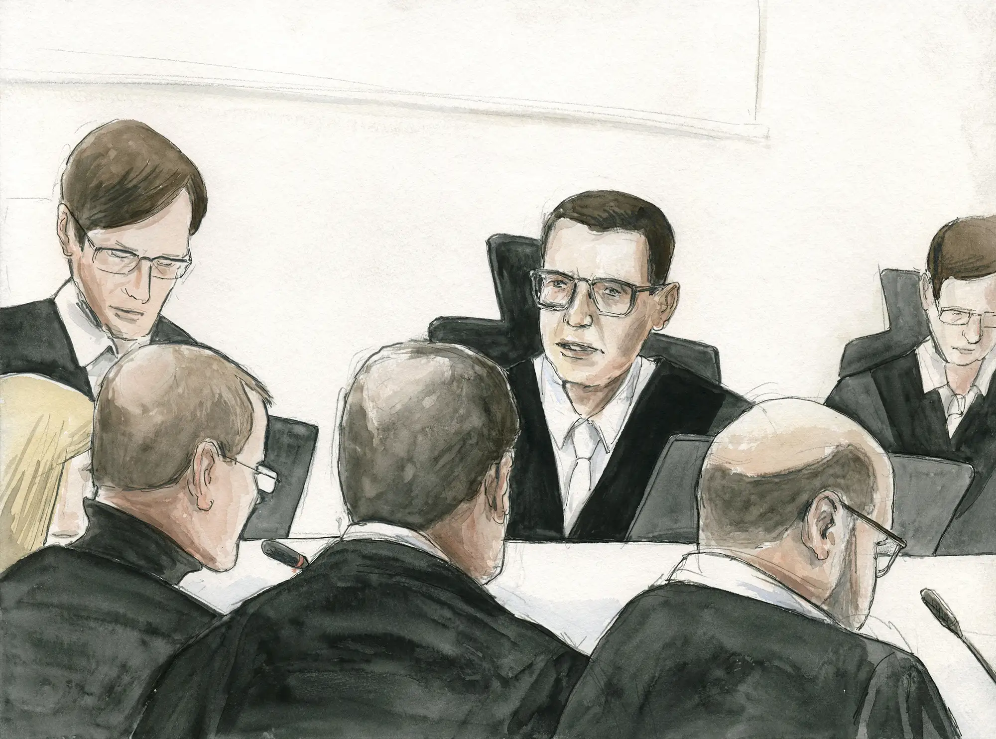 Gerichtszeichnung im Wirecardprozess - Der Spiegel - Richter und Markus Braun mit seinen Anwälten - Gerichtszeichner Martin Burkhardt