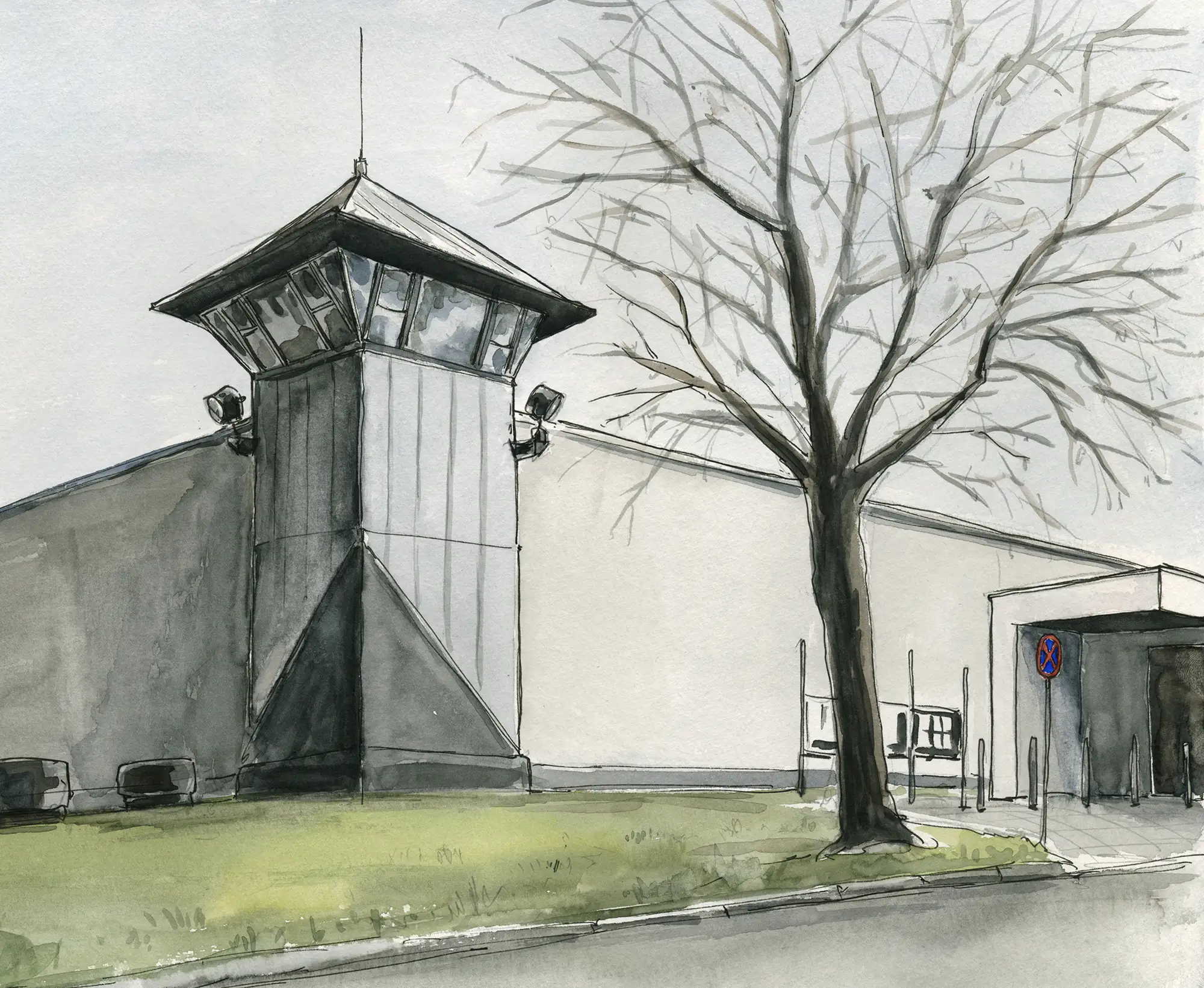 Gerichtszeichnung im Wirecardprozess - Der Spiegel - Wachturm München Stadelheim - Gerichtszeichner Martin Burkhardt