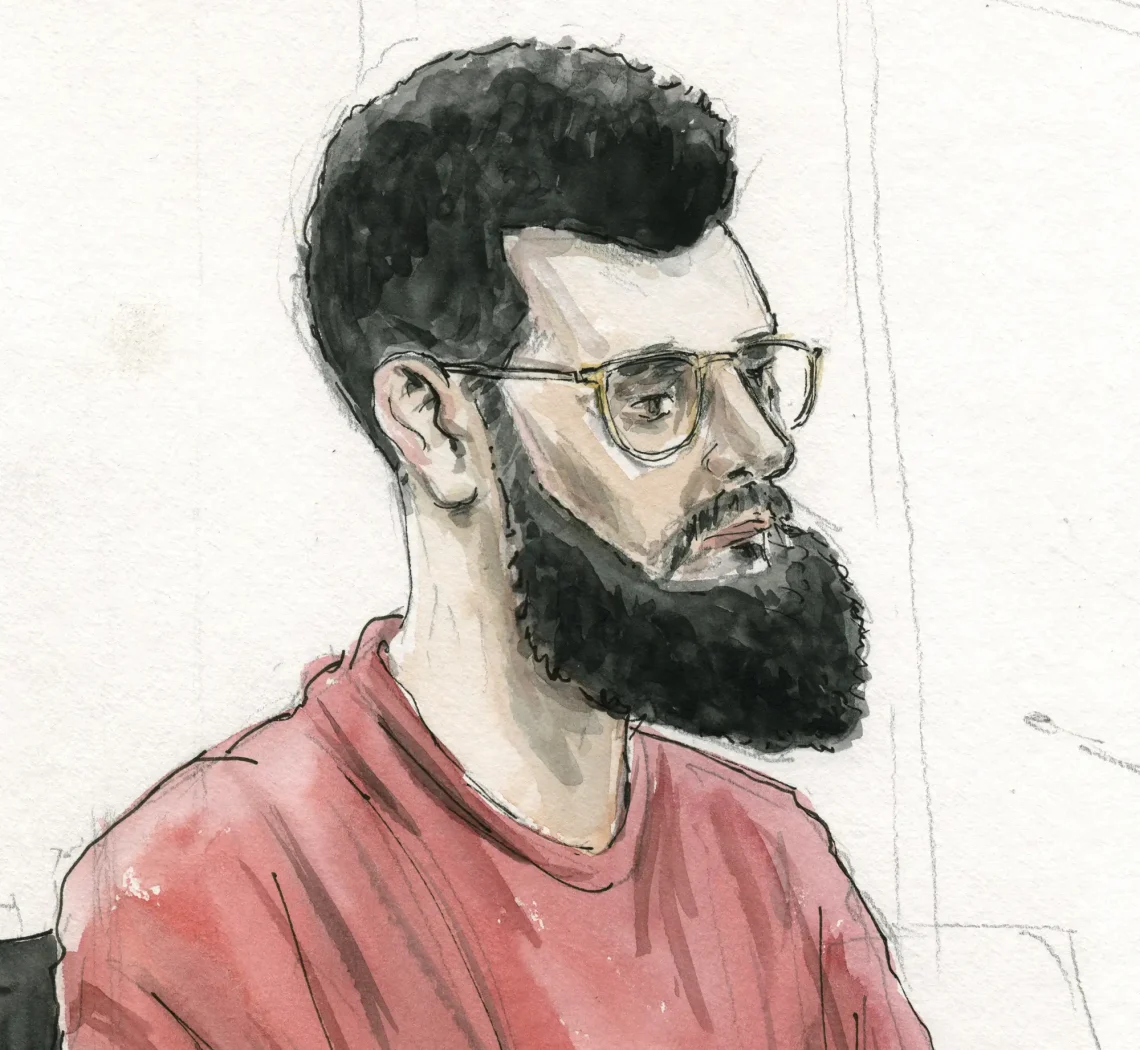 Gerichtszeichnung im Prozess zum Mannheimer Messerangriff: Angeklagter Suleiman A. - Gerichtszeichner Martin Burkhardt