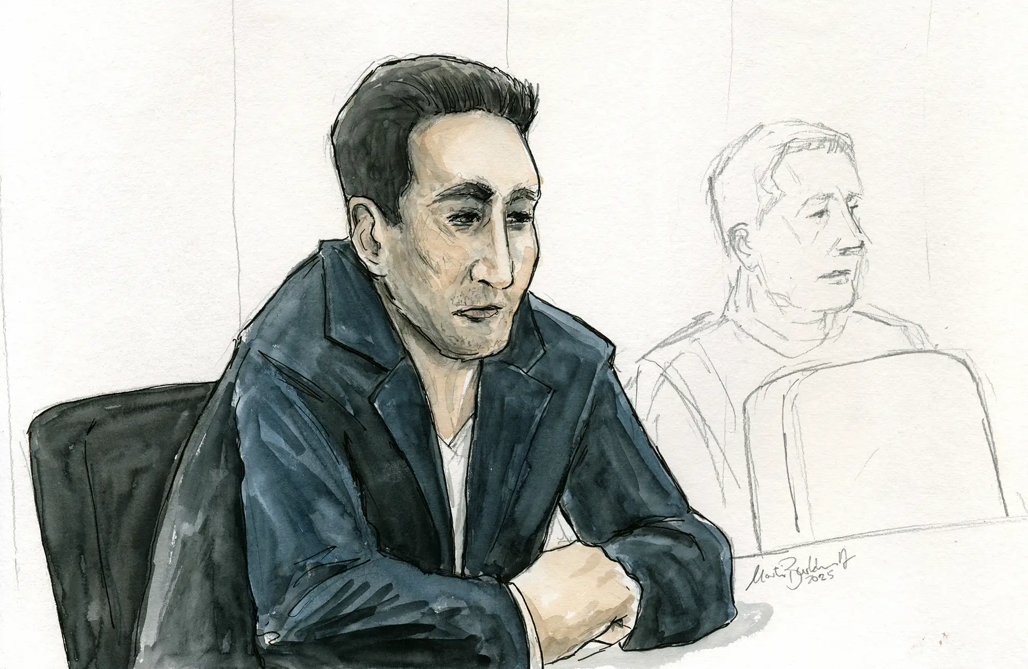 Gerichtszeichnung im Prozess gegen den syrischen Folterarzt Alaa M. - Gerichtszeichner Martin Burkhardt