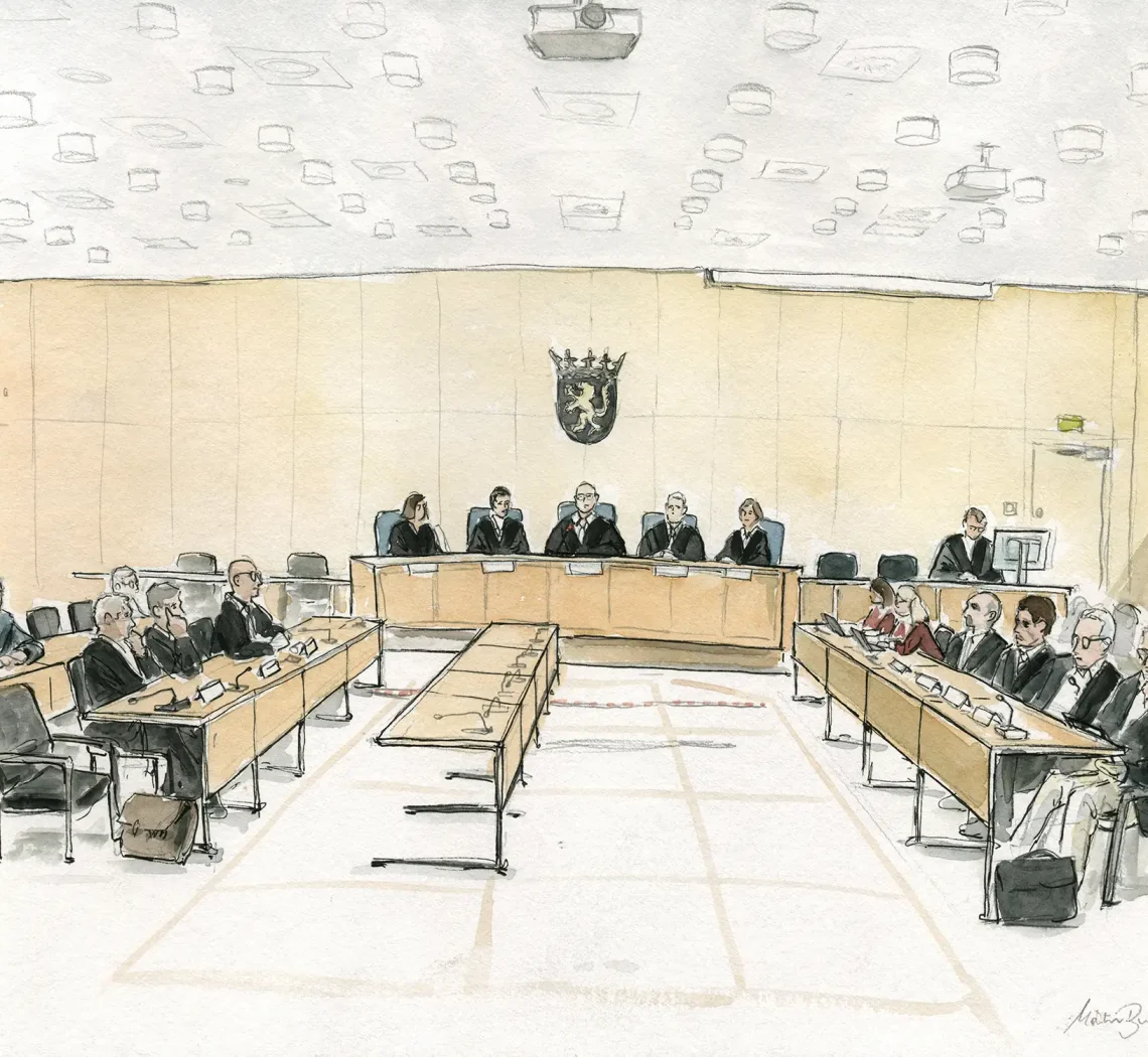 Gerichtszeichnung im Prozess gegen den syrischen Folterarzt Alaa M. am Oberlandesgericht Frankfurt - Gerichtszeichner Martin Burkhardt