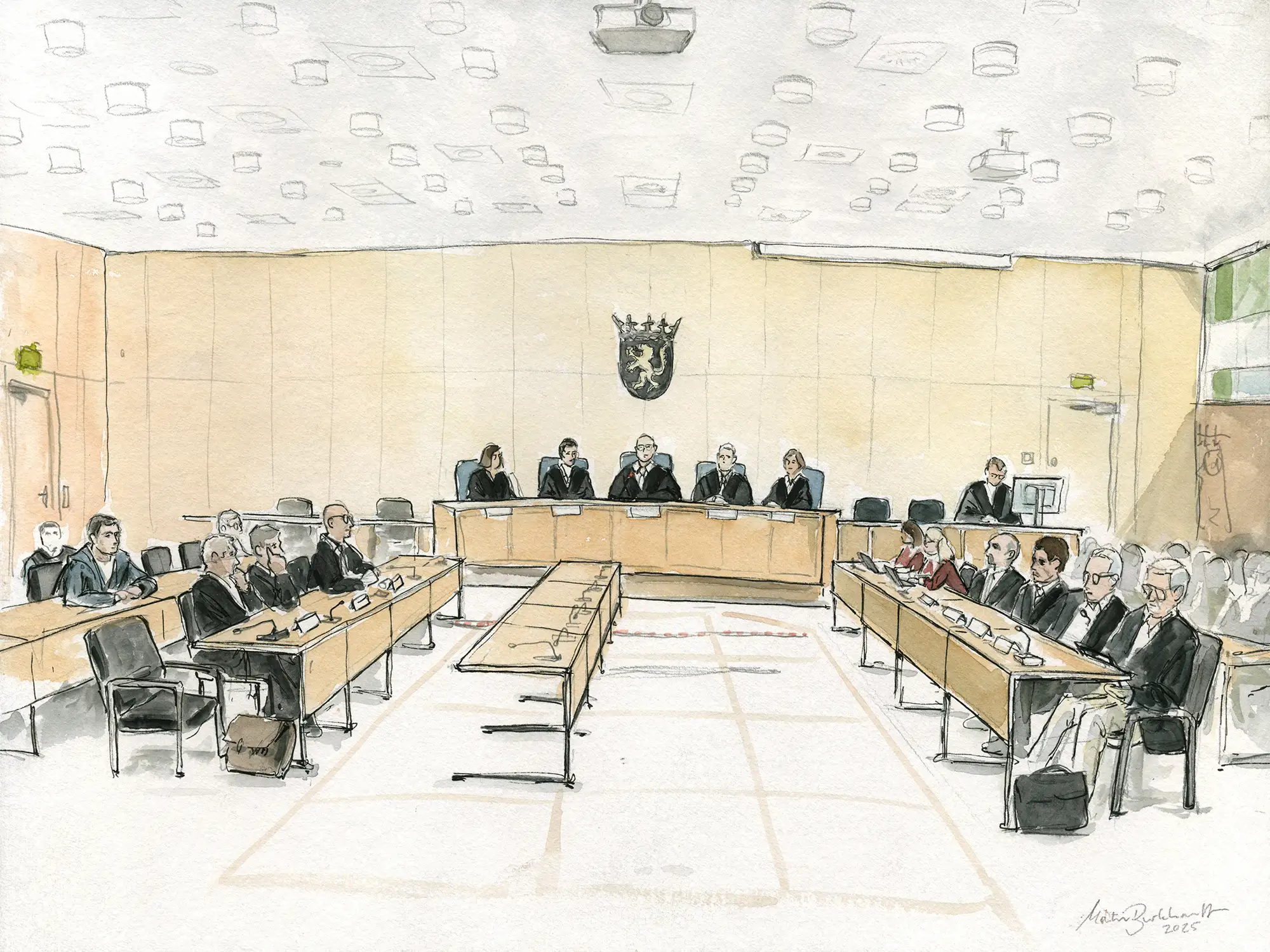 Gerichtszeichnung im Prozess gegen den syrischen Folterarzt Alaa M. am Oberlandesgericht Frankfurt - Gerichtszeichner Martin Burkhardt