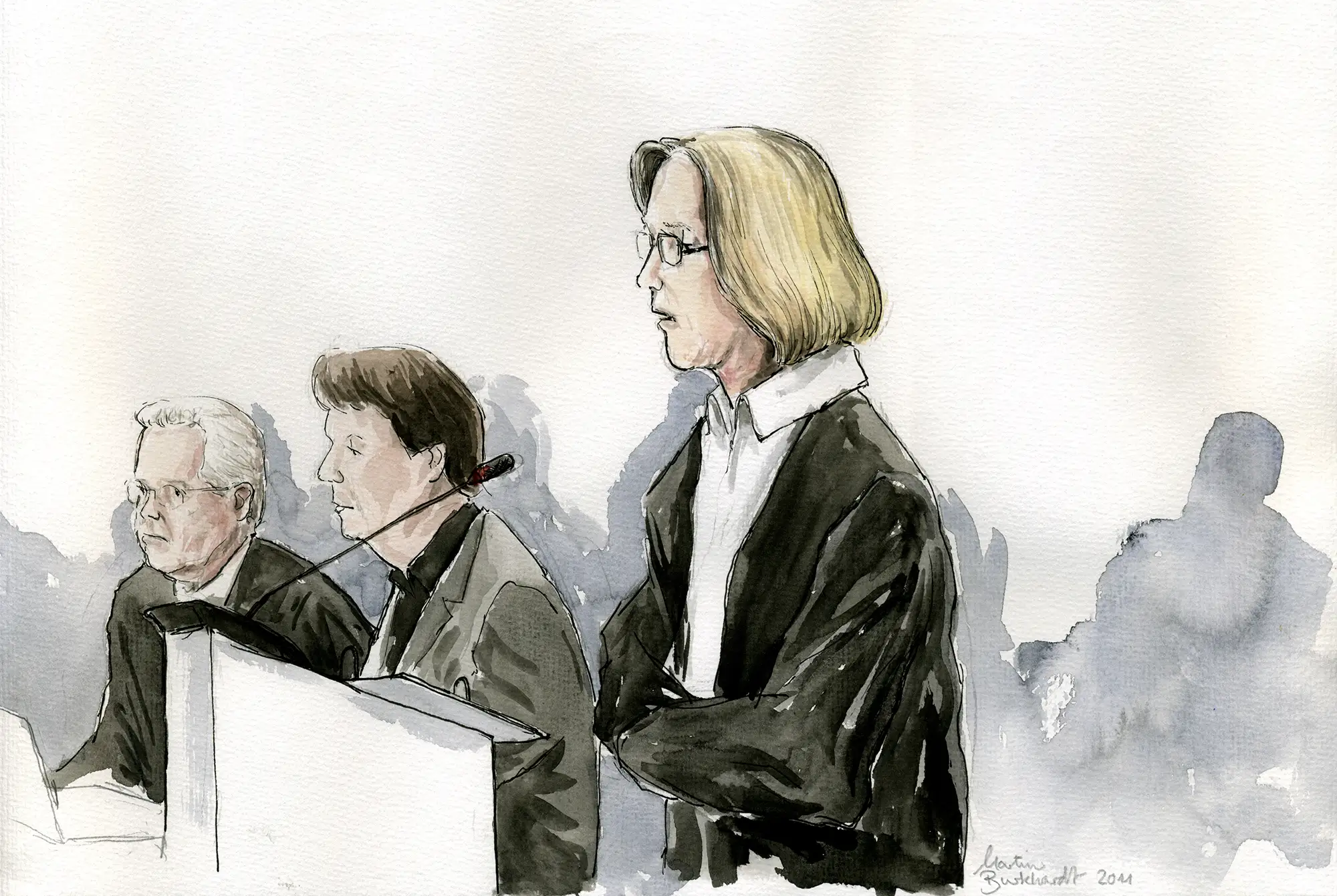 Gerichtszeichnung Kachelmann-Prozess 2010 / 2011: Anwältin Andrea Combé - Gerichtszeichner Martin Burkhardt