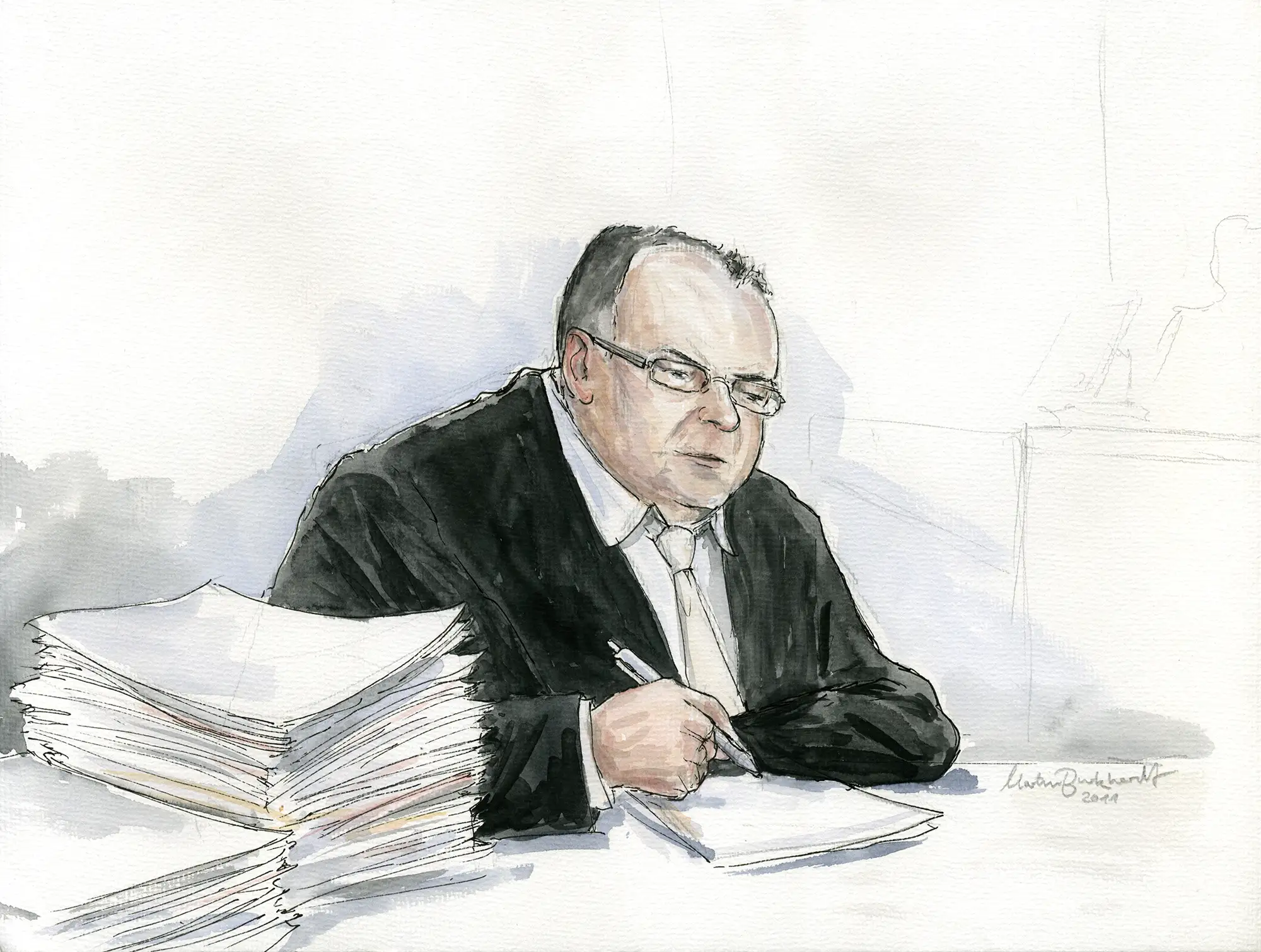Gerichtszeichnung Kachelmann-Prozess 2010 / 2011: Staatsanwalt Werner Megerle - Gerichtszeichner Martin Burkhardt