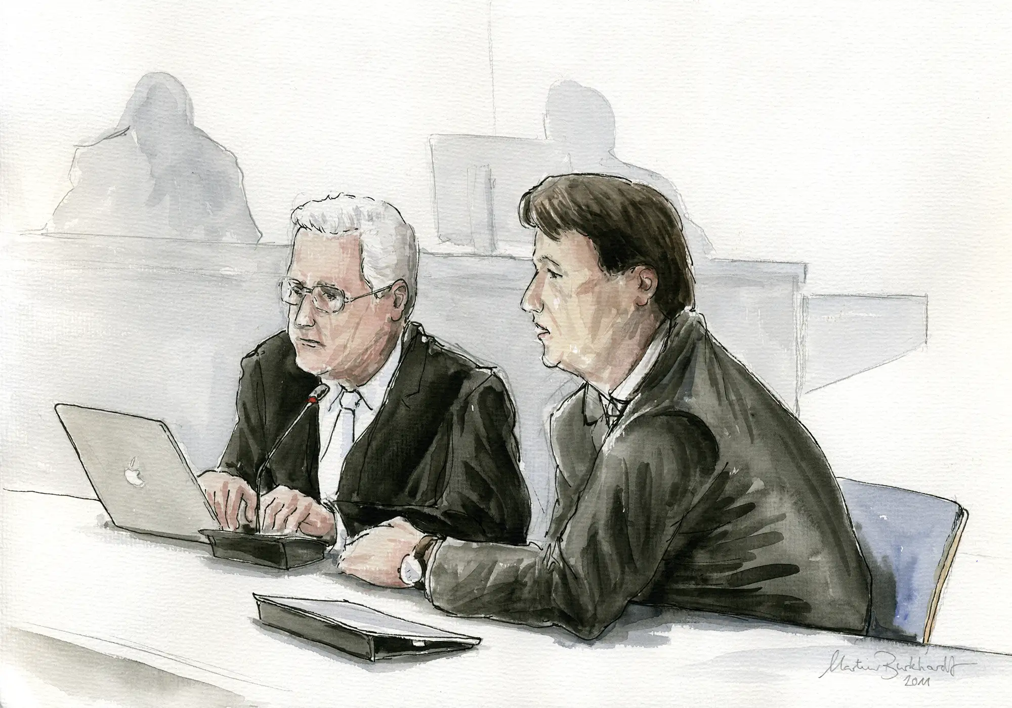 Gerichtszeichnung Kachelmann-Prozess 2010 / 2011: Jörg Kachelmann und Anwalt Johann Schwenn - Gerichtszeichner Martin Burkhardt