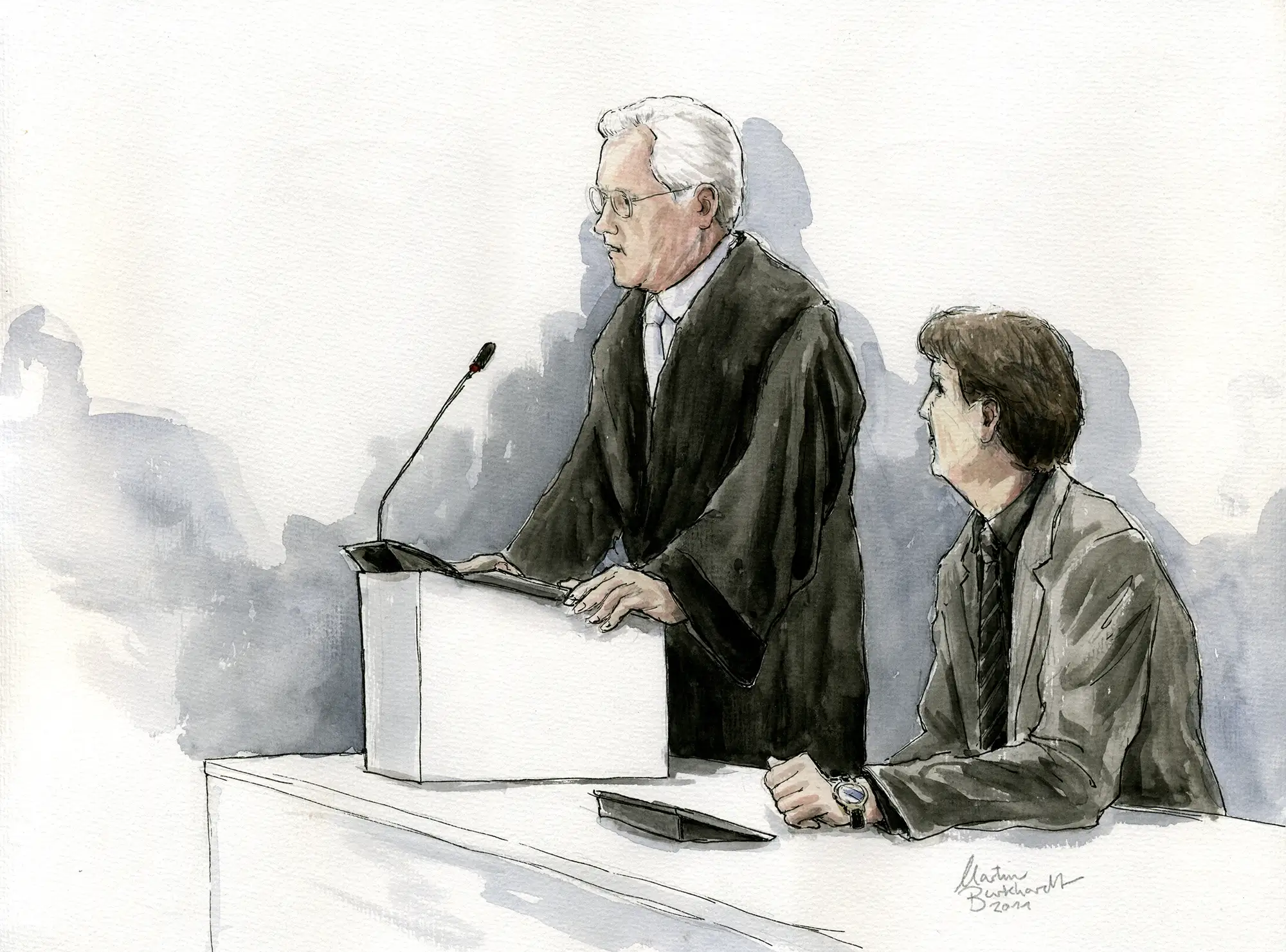 Gerichtszeichnung Kachelmann-Prozess 2010 / 2011: Johann Schwenn und Jörg Kachelmann - Gerichtszeichner Martin Burkhardt