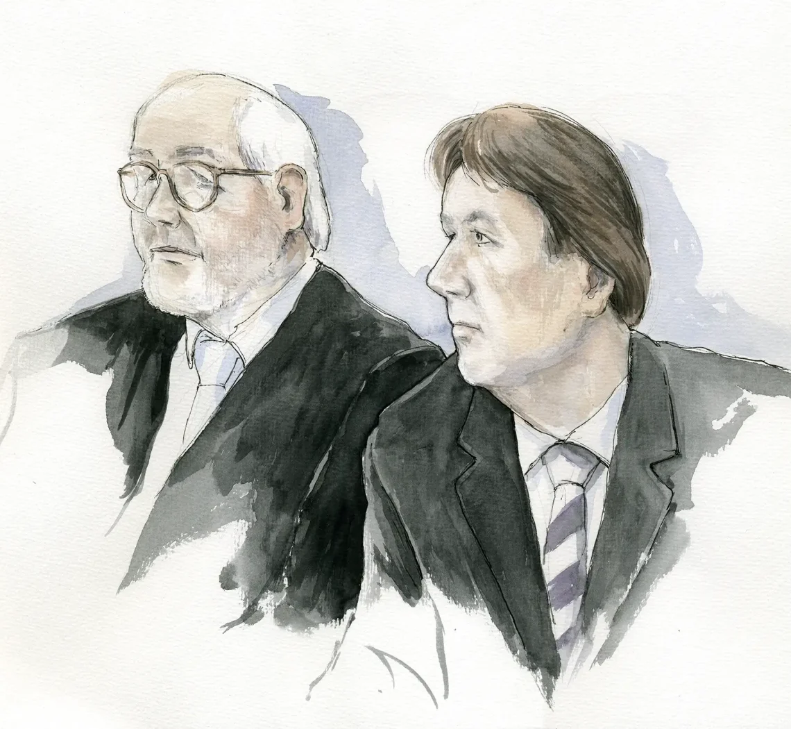 Gerichtszeichnung Kachelmann-Prozess 2010 / 2011: Jörg Kachelmann und Reinhard Birkenstock - Gerichtszeichner Martin Burkhardt