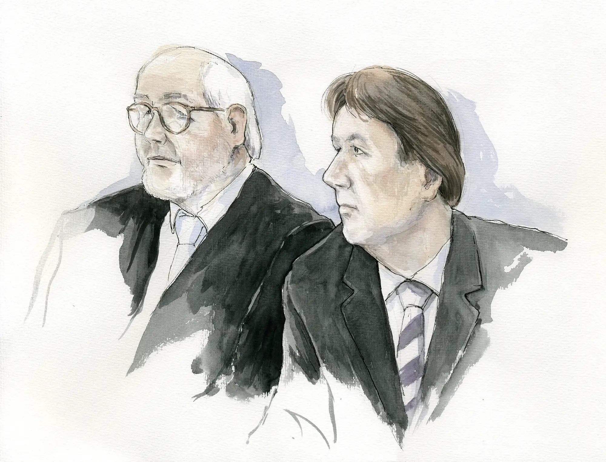 Gerichtszeichnung Kachelmann-Prozess 2010 / 2011: Jörg Kachelmann und Reinhard Birkenstock - Gerichtszeichner Martin Burkhardt