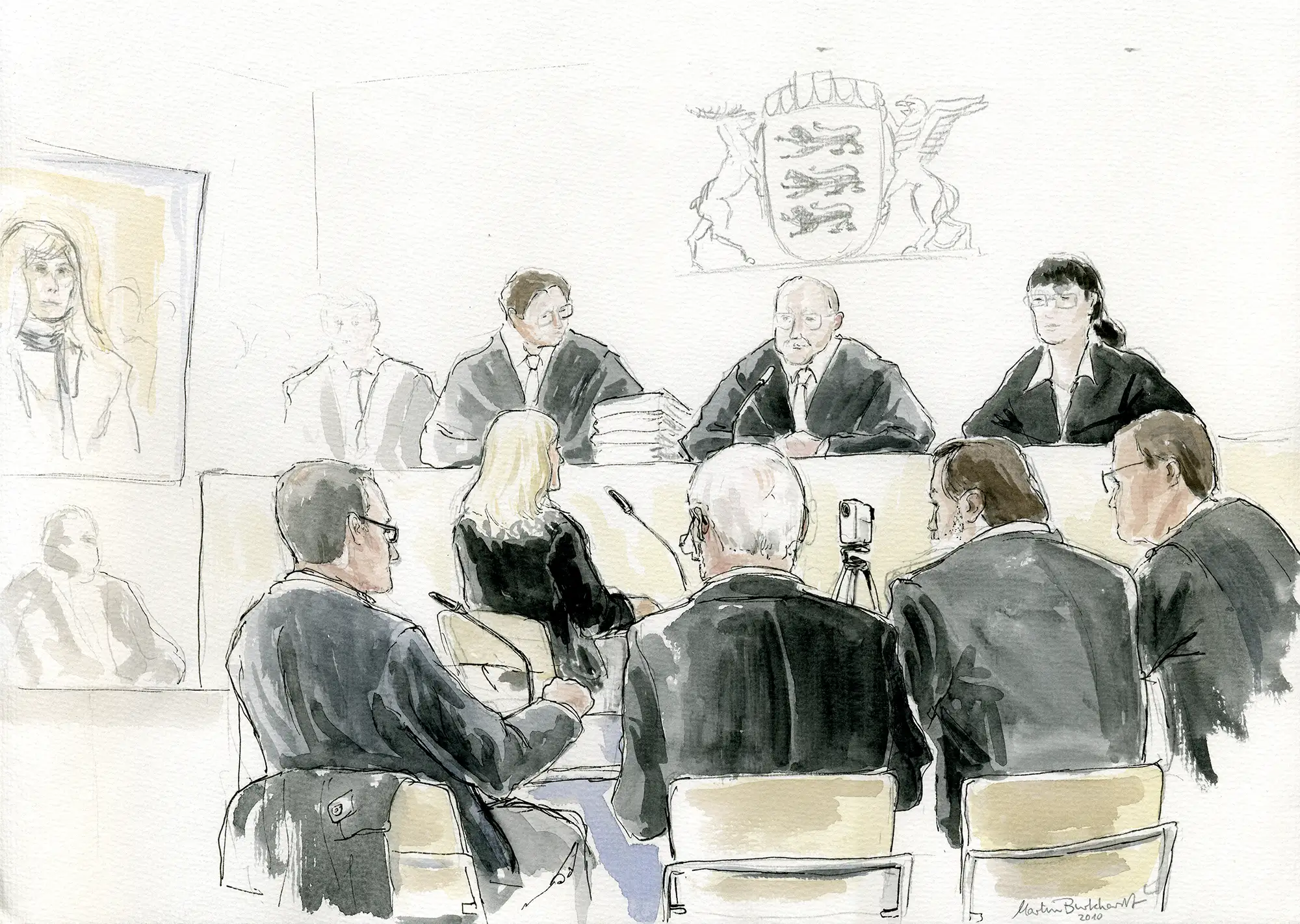 Gerichtszeichnung Kachelmann-Prozess 2010 / 2011: Nebenklägerin mit Gutachtern - Gerichtszeichner Martin Burkhardt