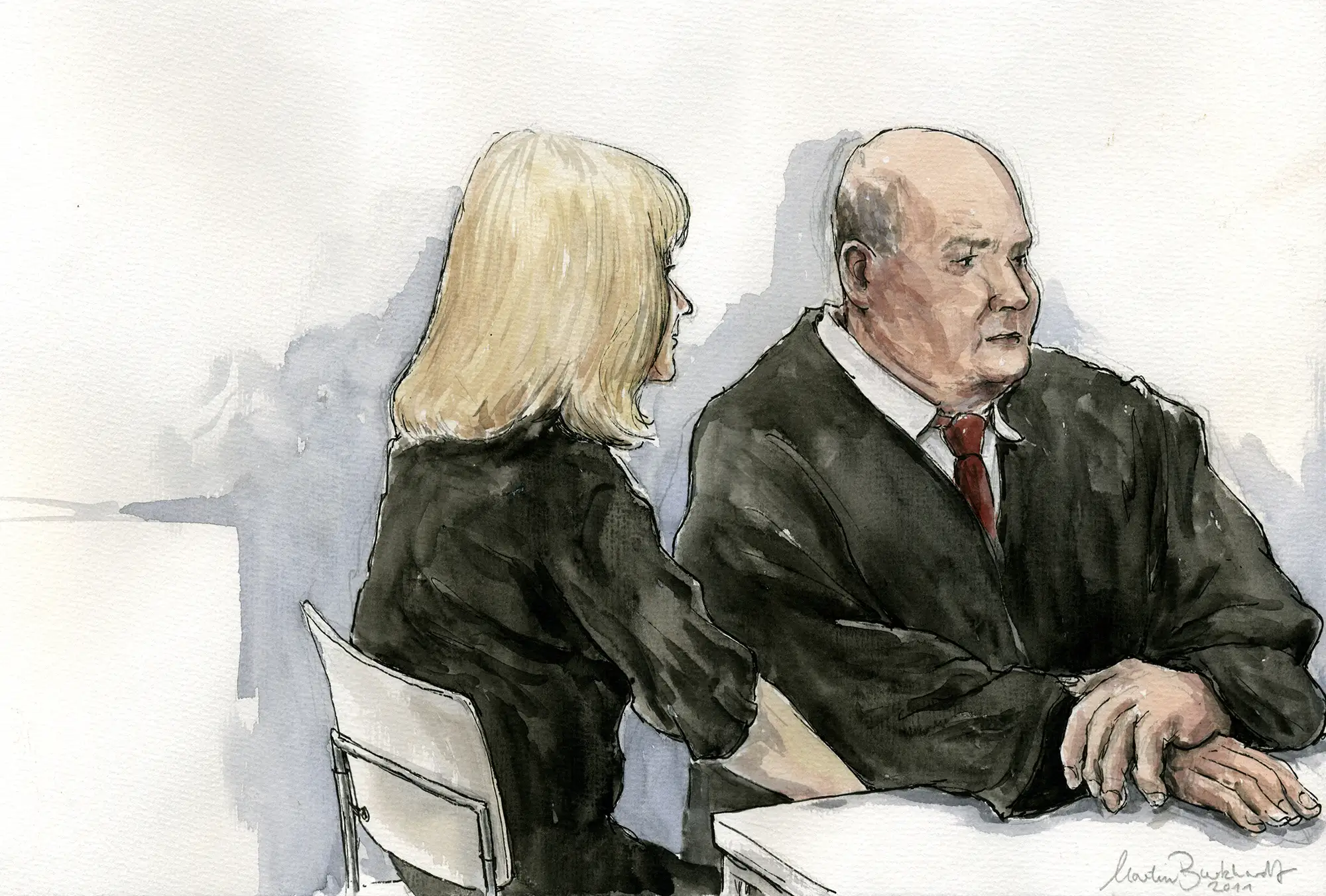 Gerichtszeichnung Kachelmann-Prozess 2010 / 2011: Nebenklaegerin mit Anwalt - Gerichtszeichner Martin Burkhardt