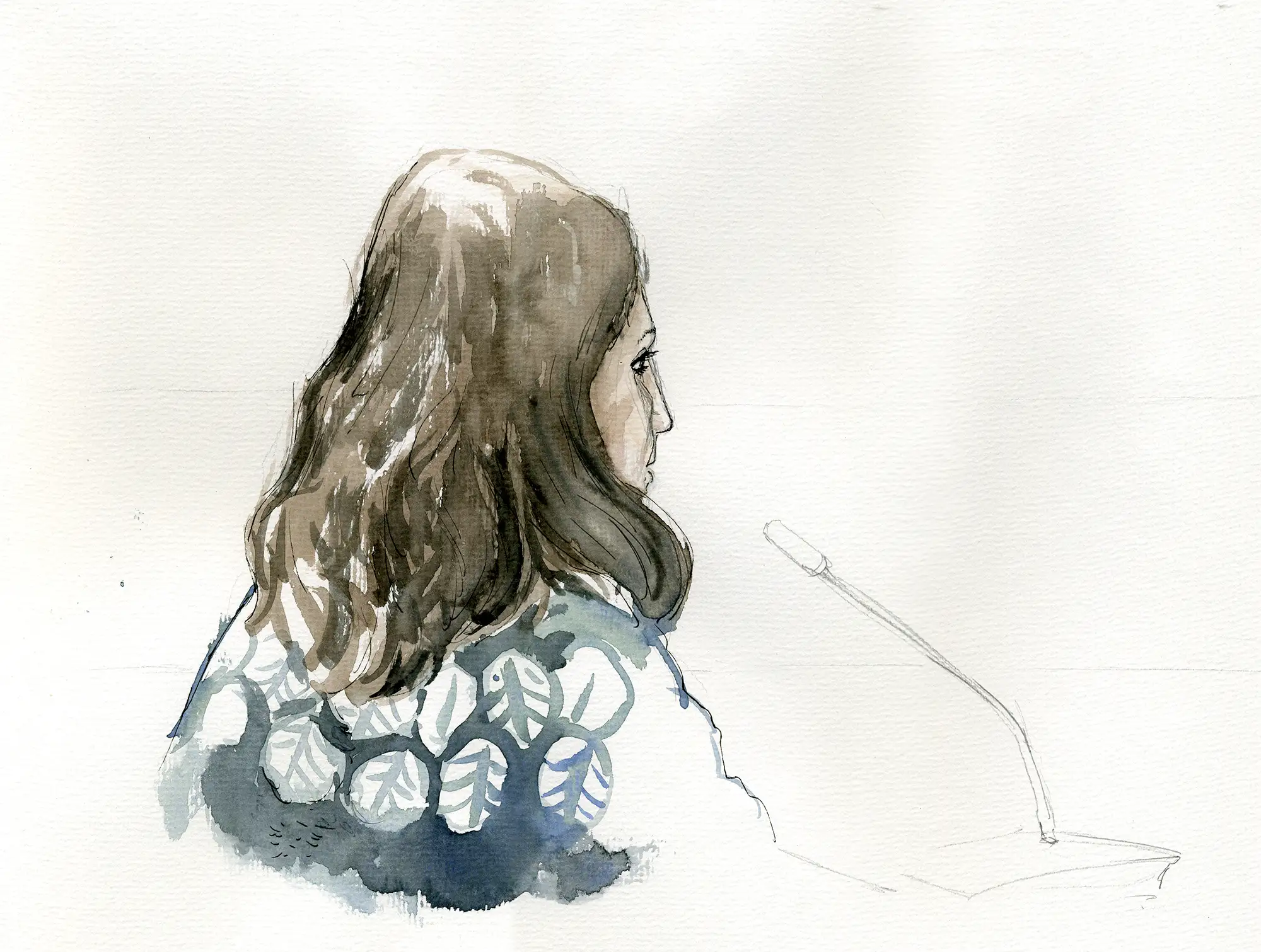 Gerichtszeichnung Kachelmann-Prozess 2010 / 2011: Receptionistin im Zeugenstand - Gerichtszeichner Martin Burkhardt