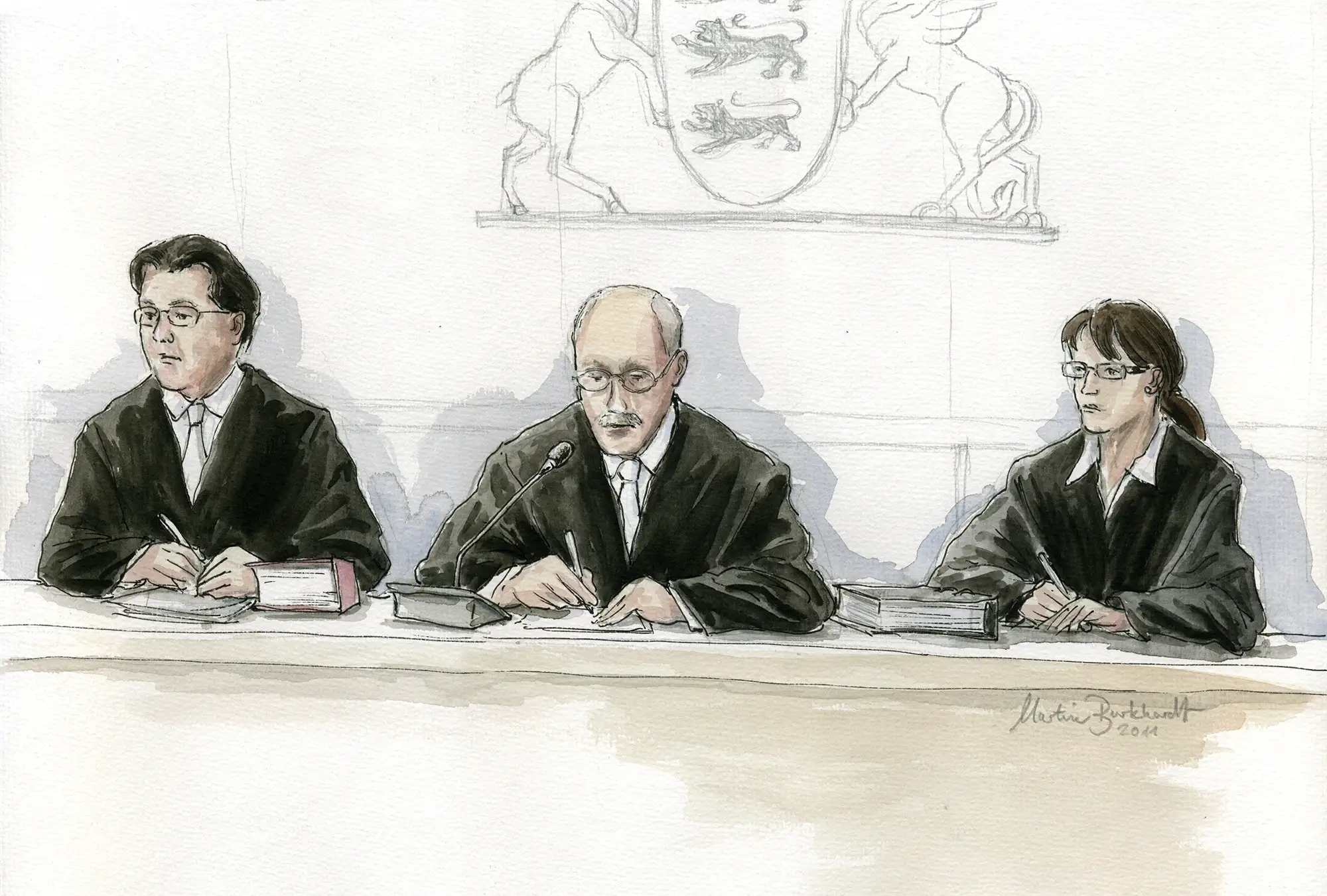 Gerichtszeichnung Kachelmann-Prozess 2010 / 2011: Richter Michael Seidling - Gerichtszeichner Martin Burkhardt