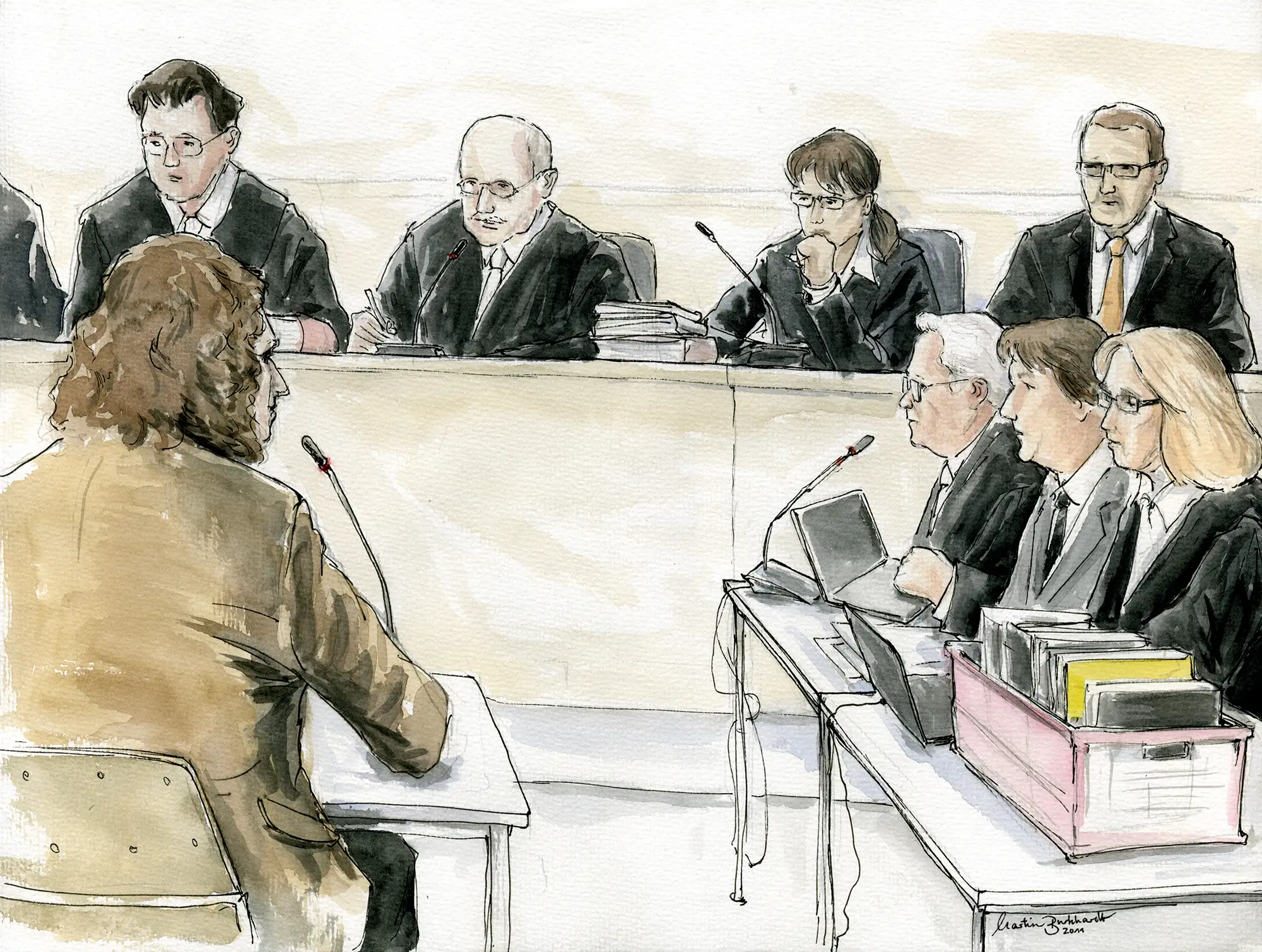Gerichtszeichnung Kachelmann-Prozess 2010 / 2011: Staatsanwalt Lars-Torben Oltrogge im Zeugenstand - Gerichtszeichner Martin Burkhardt
