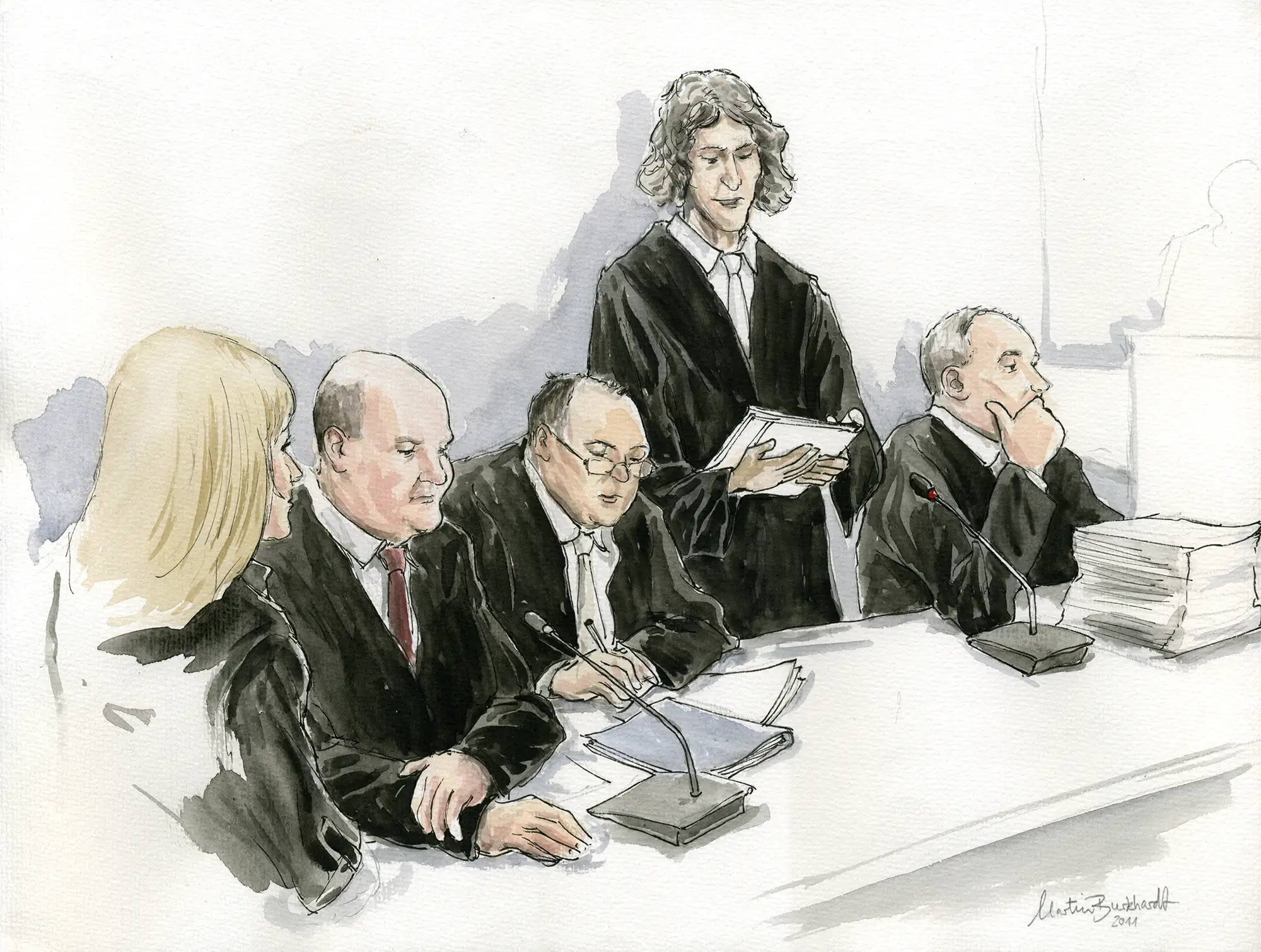 Gerichtszeichnung Kachelmann-Prozess 2010 / 2011: Staatsanwaltschaft und Nebenklaegerin - Gerichtszeichner Martin Burkhardt